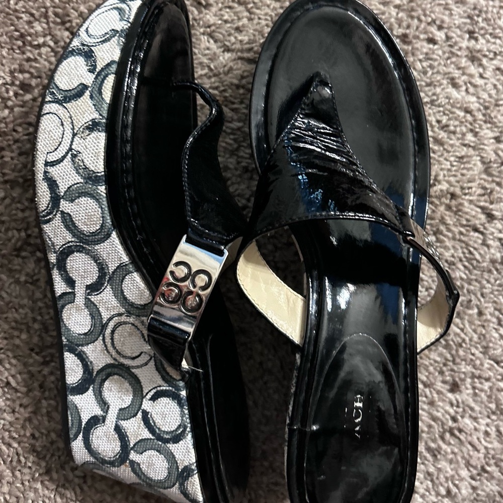 Coach Black and White Patterned Wedge Sandals